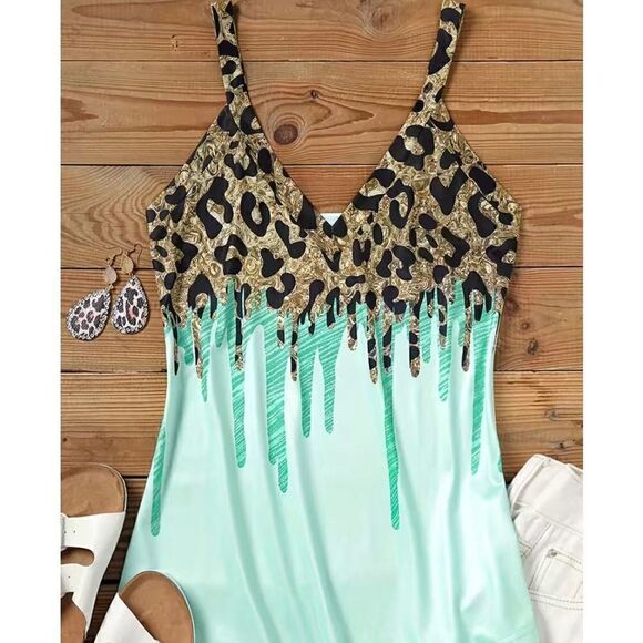 NEW SZ M Woman’s Leopard Cyan Drip Print V-Neck Halter Top - Picture 4 of 5